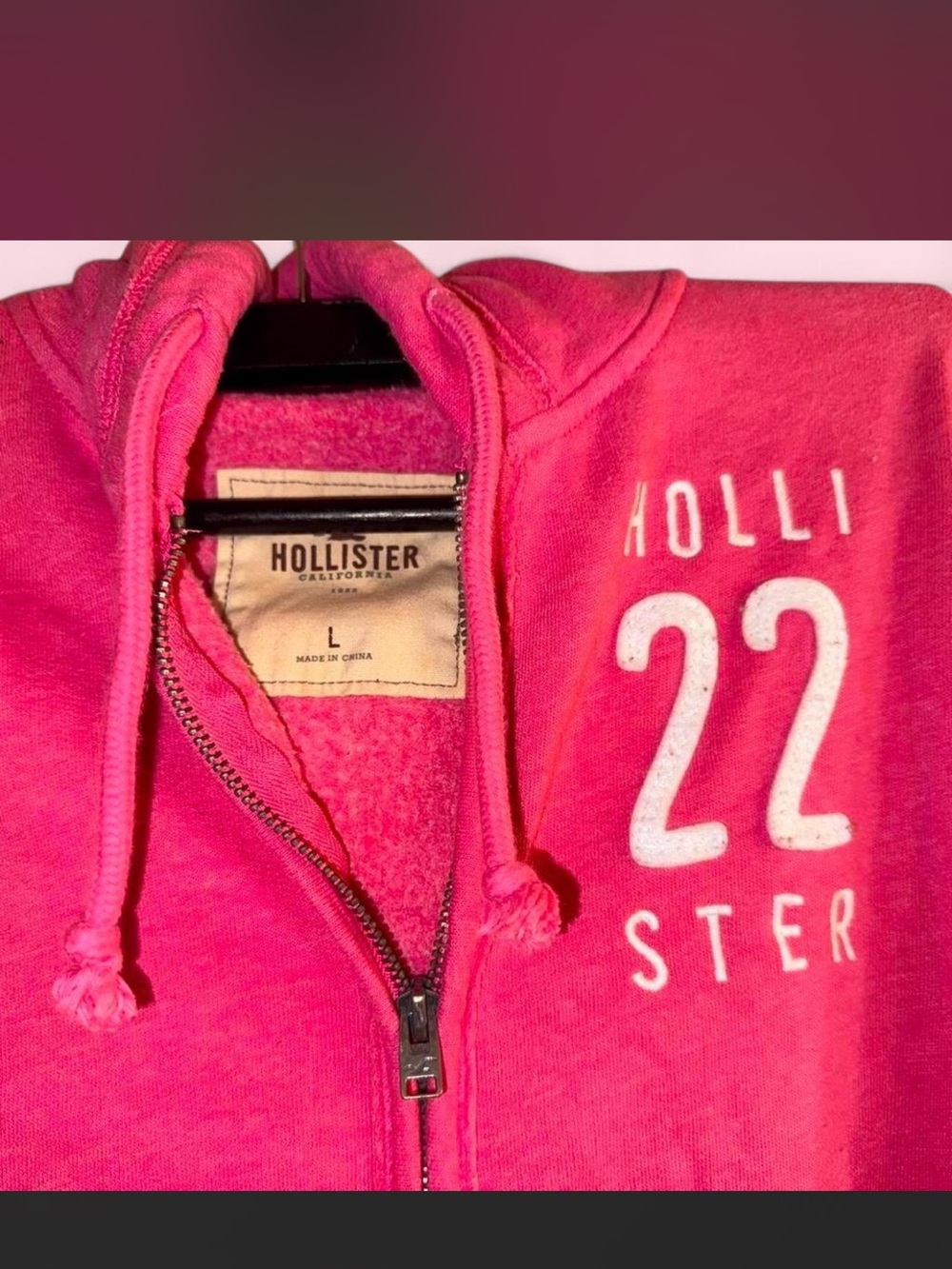 Hollister Hot Pink Zip Hoodie with White '22' Graphic